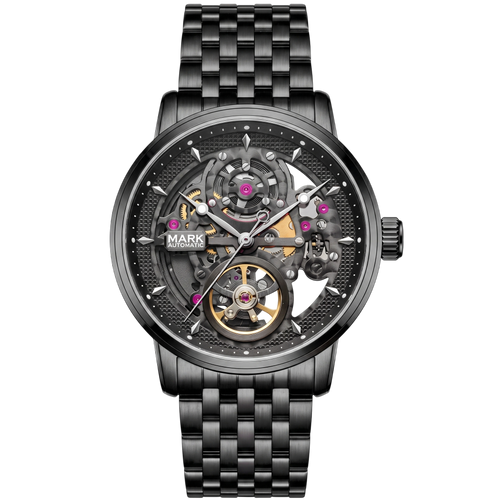 Black mechanical watch with visible brand name on a white background