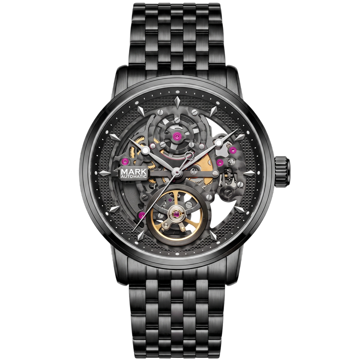 Black mechanical watch with visible brand name on a white background