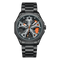 Black wristwatch with detailed face on a white background