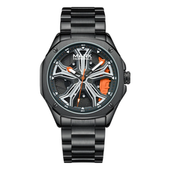 Black wristwatch with detailed face on a white background