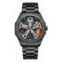 Black wristwatch with detailed face on a white background