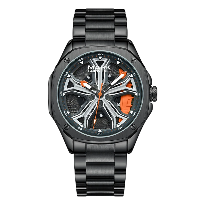 Black wristwatch with detailed face on a white background