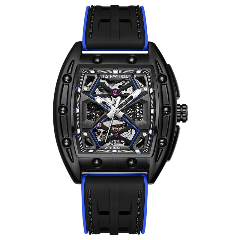 Black and blue watch with visible brand name on a white background