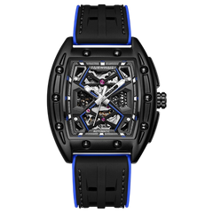Black and blue watch with visible brand name on a white background