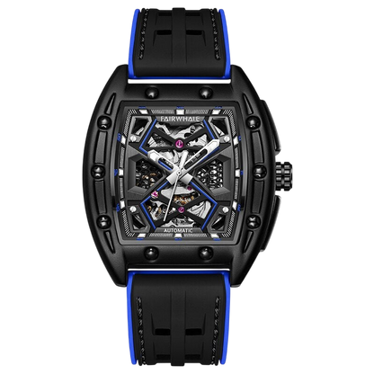 Black and blue watch with visible brand name on a white background