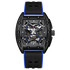 Black and blue watch with visible brand name on a white background