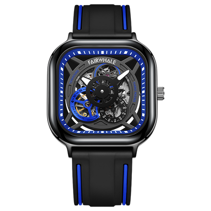 Black and blue watch with visible mechanism on a white background