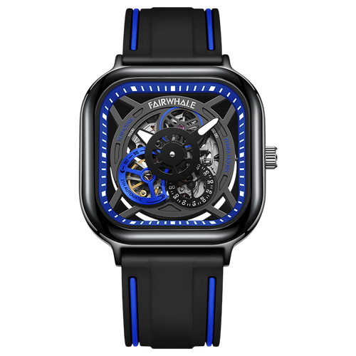 Black and blue watch with visible mechanism on a white background