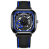 Black and blue watch with visible mechanism on a white background