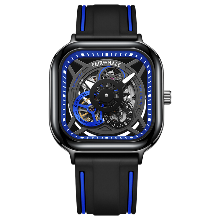 Black and blue watch with visible mechanism on a white background