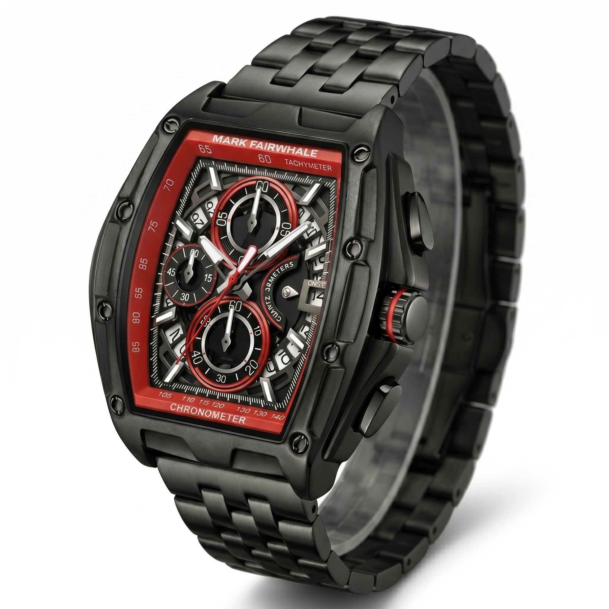 Black and red watch with 'Mark Fairwhale' branding on a white background