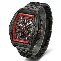 Black and red watch with 'Mark Fairwhale' branding on a white background
