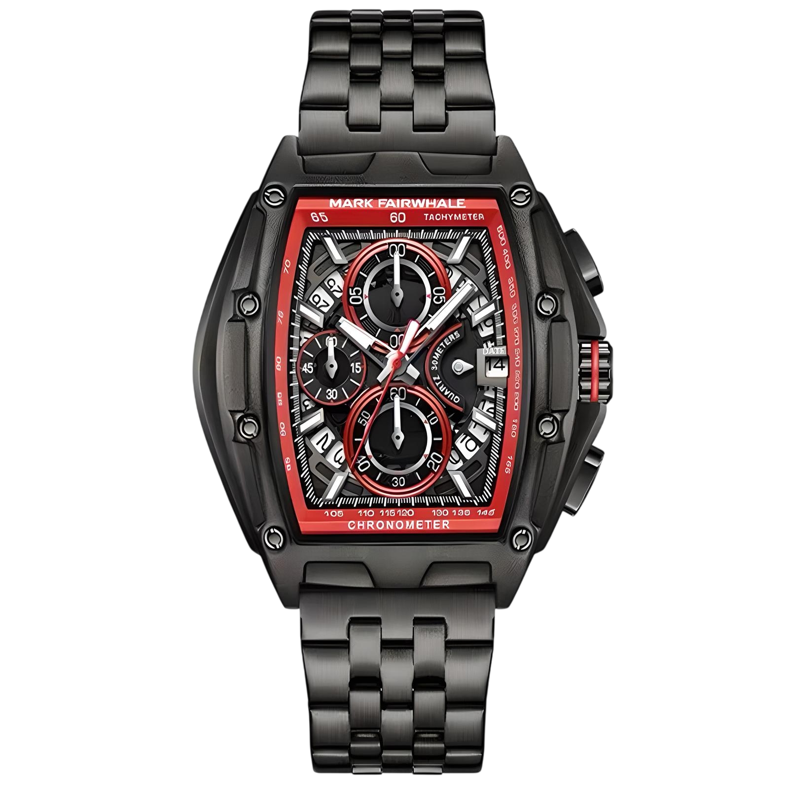 Black and red watch with detailed face on a white background