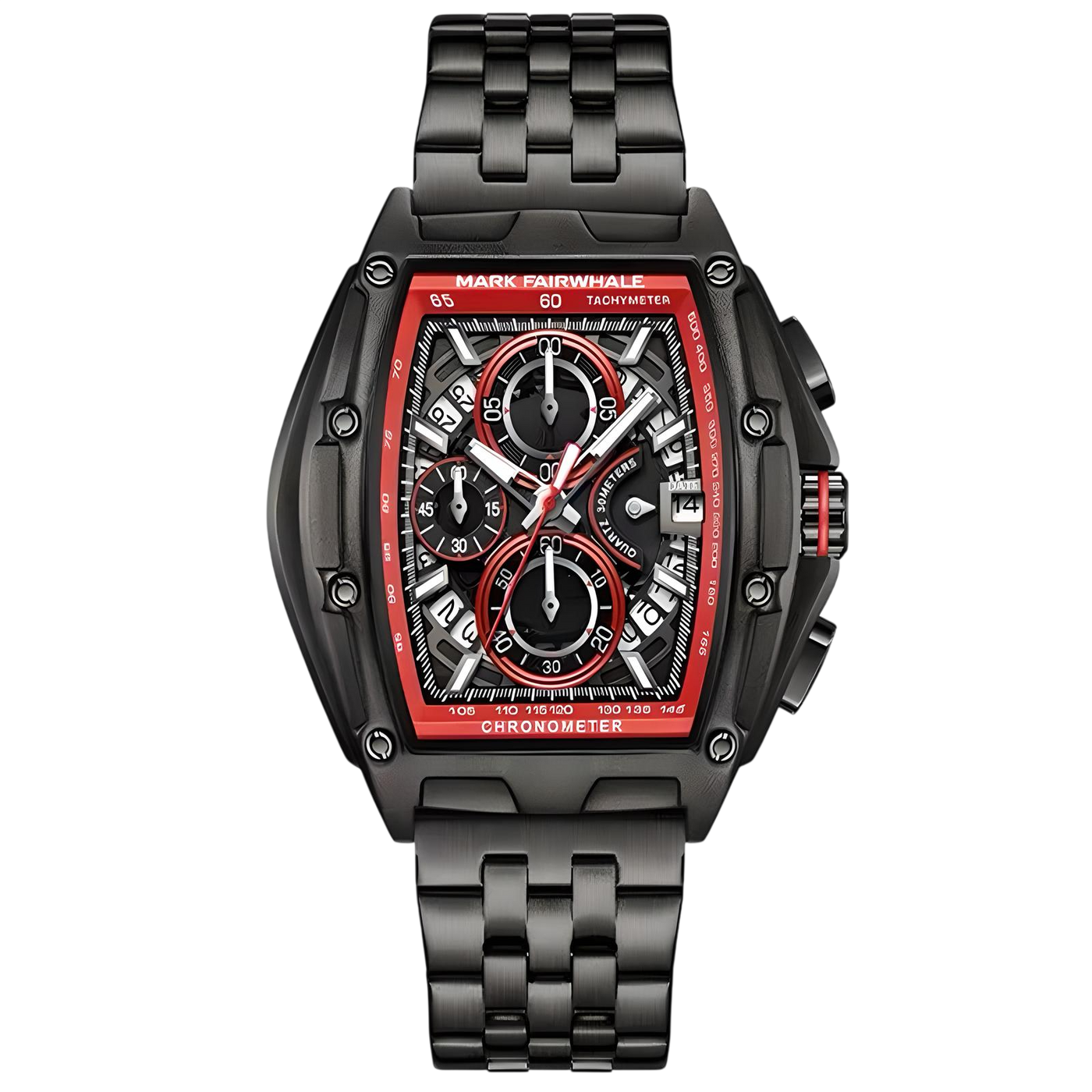 Black and red watch with detailed face on a white background