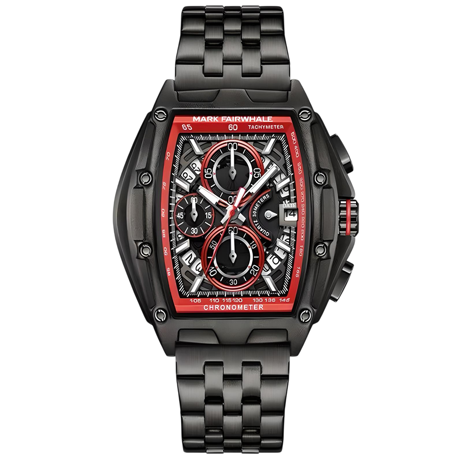 Black and red watch with detailed face on a white background
