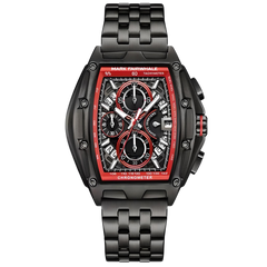 Black and red watch with detailed face on a white background