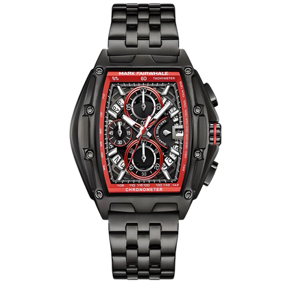 Black and red watch with detailed face on a white background