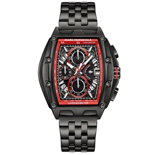 Black and red watch with detailed face on a white background