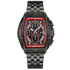 Black and red watch with detailed face on a white background