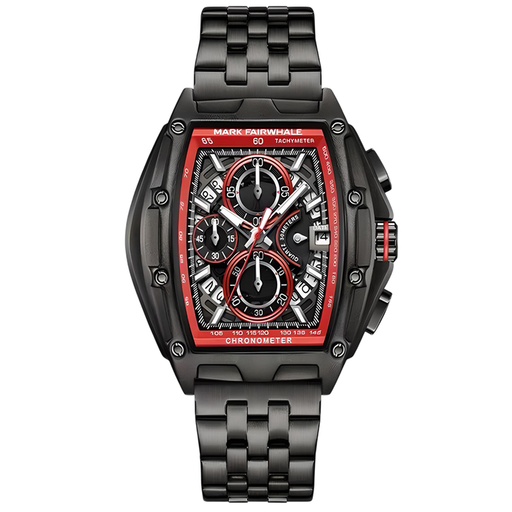 Black and red watch with detailed face on a white background