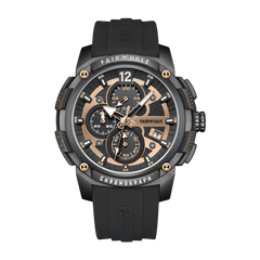 Black and rose gold watch with 'FAIR WHALE' branding on a white background