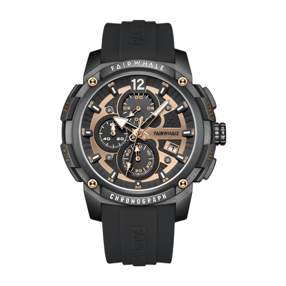 Black and rose gold watch with &