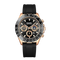 Black and rose gold watch with detailed face on a white background