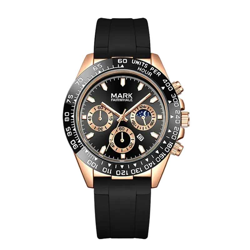 Black and rose gold watch with detailed face on a white background