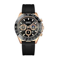 Black and rose gold watch with detailed face on a white background