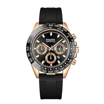 Black and rose gold watch with detailed face on a white background
