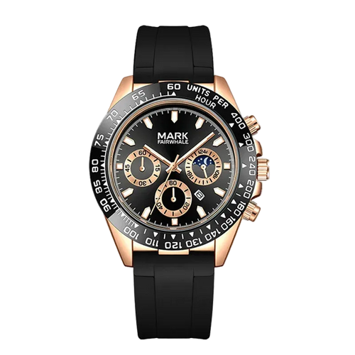 Black and rose gold watch with detailed face on a white background