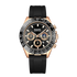 Black and rose gold watch with detailed face on a white background