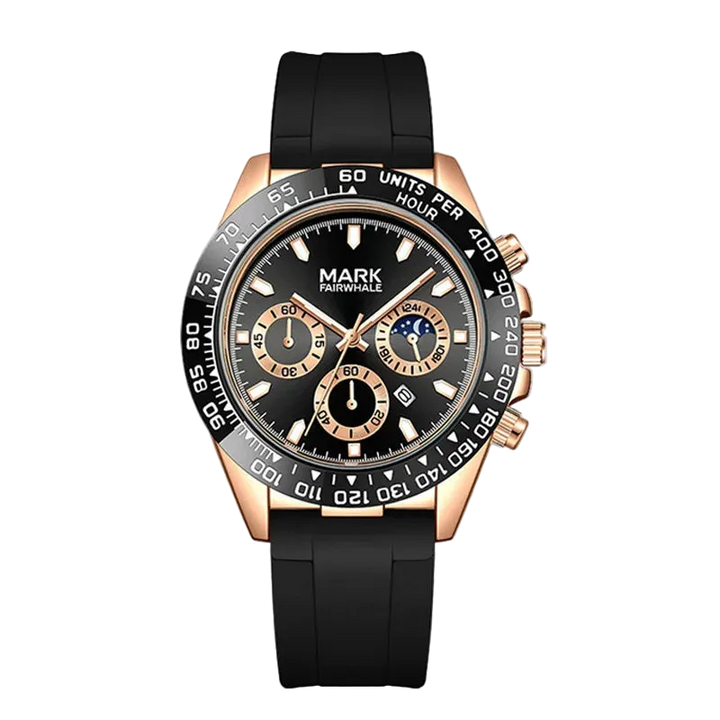 Black and rose gold watch with detailed face on a white background
