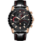 Black and rose gold watch with red accents on a white background