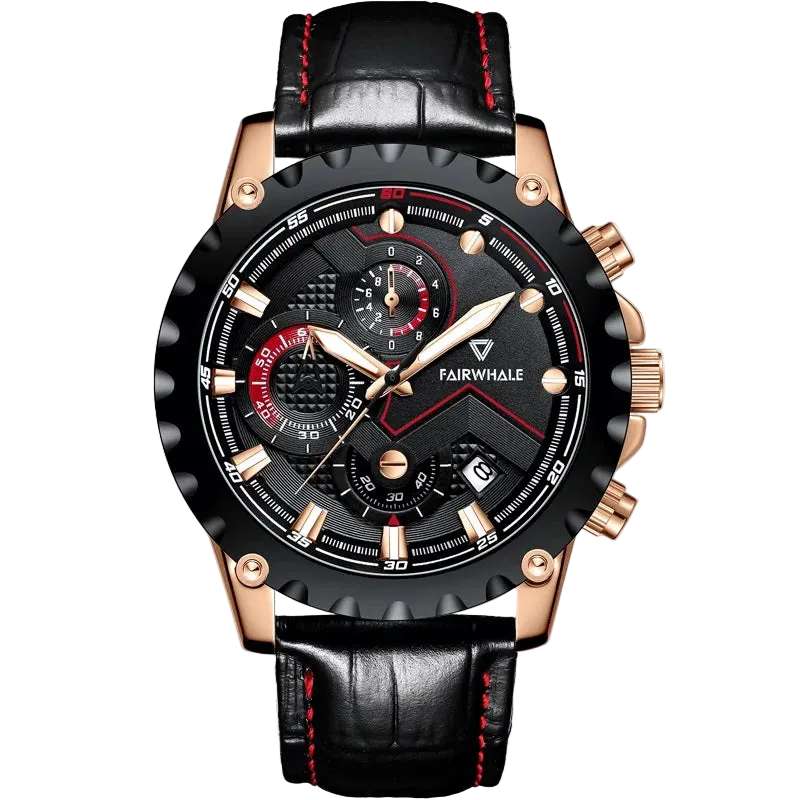 Black and rose gold watch with red accents on a white background