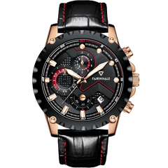 Black and rose gold watch with red accents on a white background