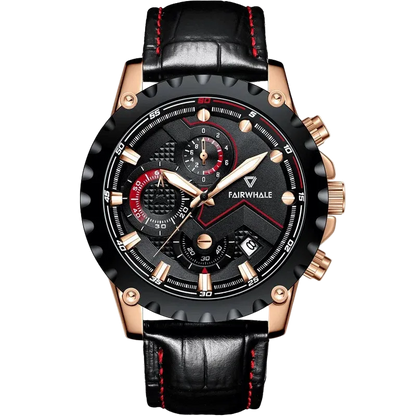 Black and rose gold watch with red accents on a white background