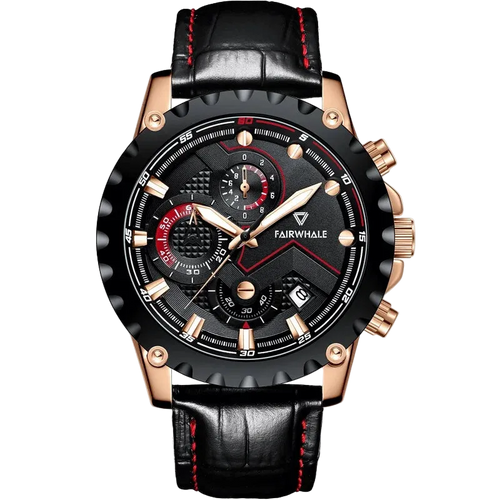 Black and rose gold watch with red accents on a white background