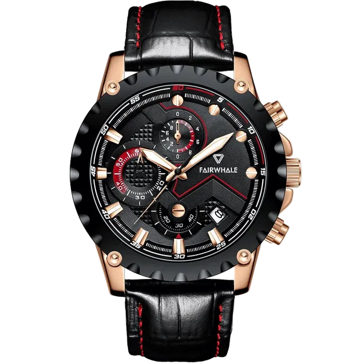 Black and rose gold watch with red accents on a white background