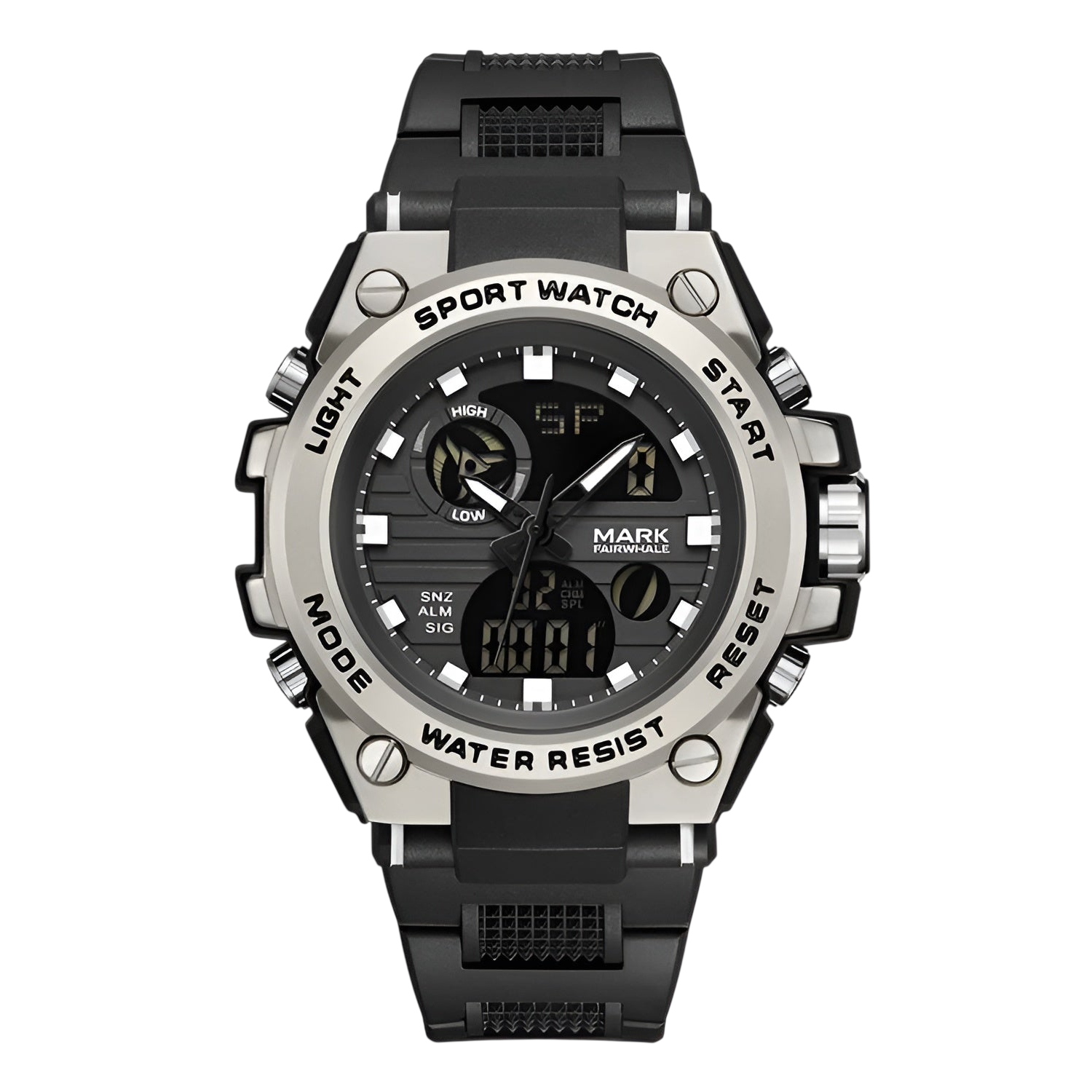 Black and silver sport watch on a white background