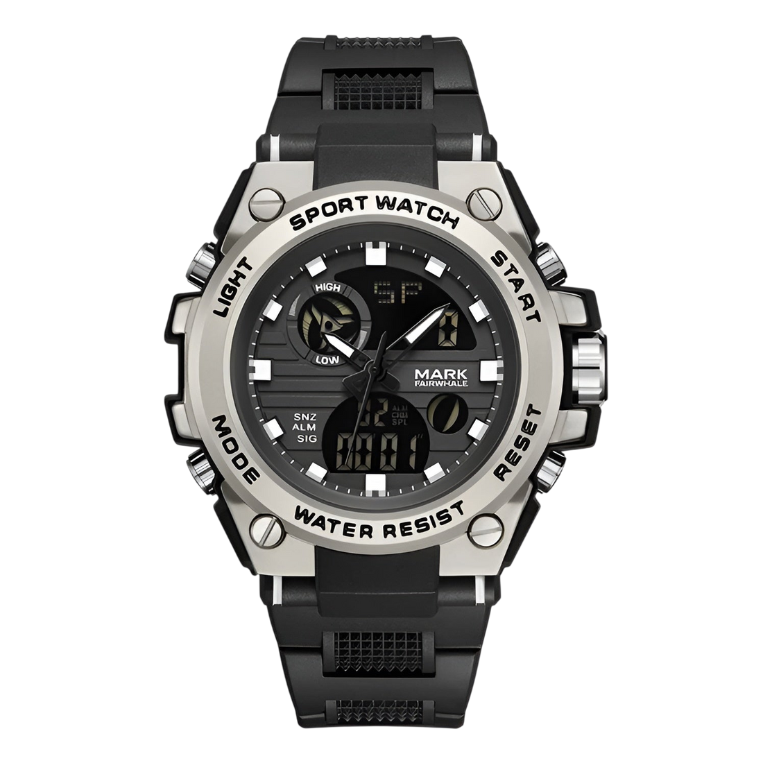 Black and silver sport watch on a white background