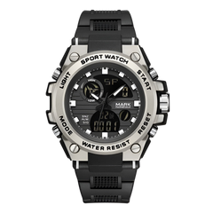 Black and silver sport watch on a white background