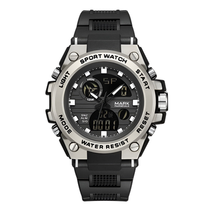 Black and silver sport watch on a white background