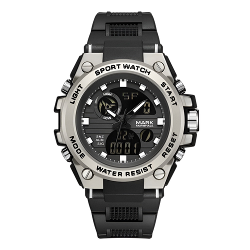 Black and silver sport watch on a white background