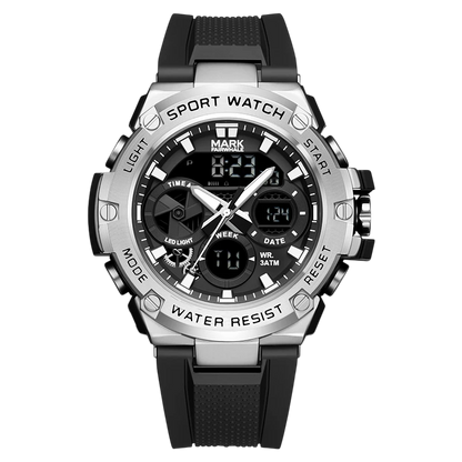 Black and silver sport watch with digital display on a white background