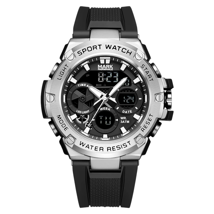 Black and silver sport watch with digital display on a white background