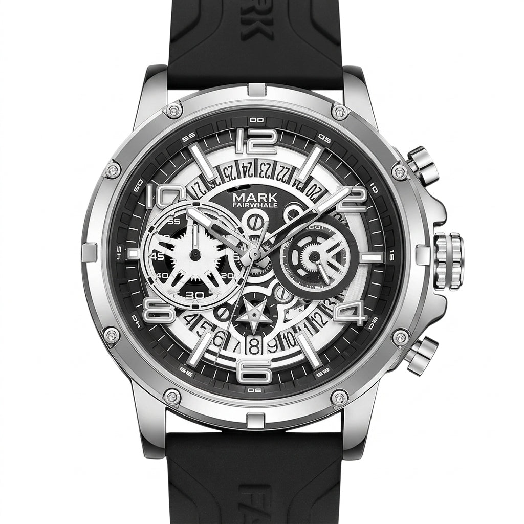 Black and silver watch with detailed face on a white background