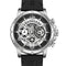 Black and silver watch with detailed face on a white background
