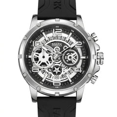 Black and silver watch with detailed face on a white background