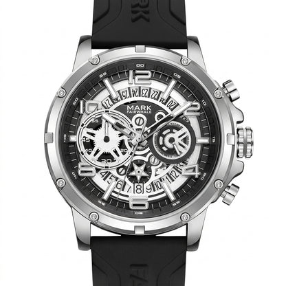 Black and silver watch with detailed face on a white background